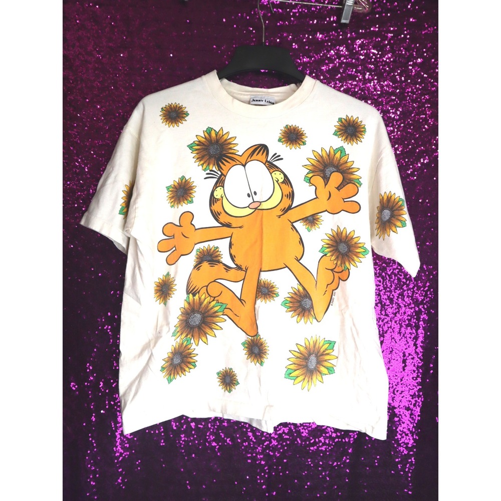 Cream Graphic Tee Jerry Leigh Garfield Sunflower Vintage T-Shirt Top Cartoon
